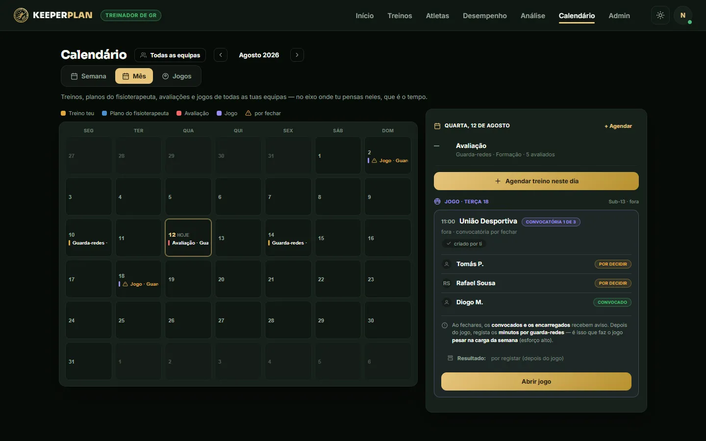 Calendário na consola do treinador, tema escuro